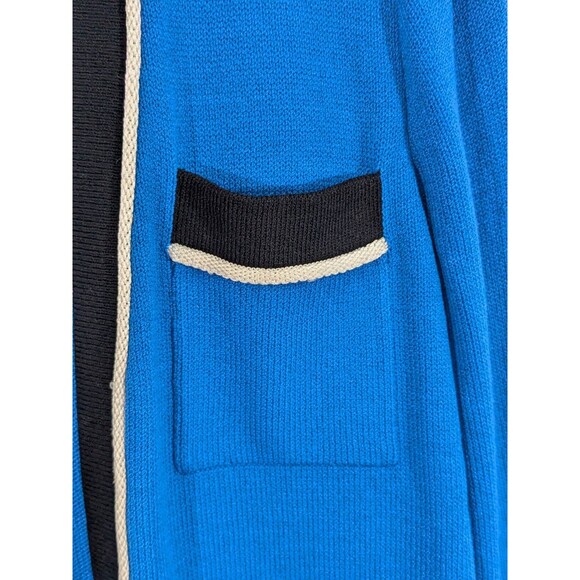 St. John Cardigan Sweater Sz M Open Front Blue Black Trim Santana Knit Pockets - Picture 3 of 8